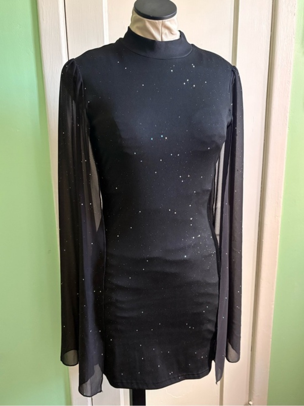 Black Sparkle Wing Sleeved Mini Dress